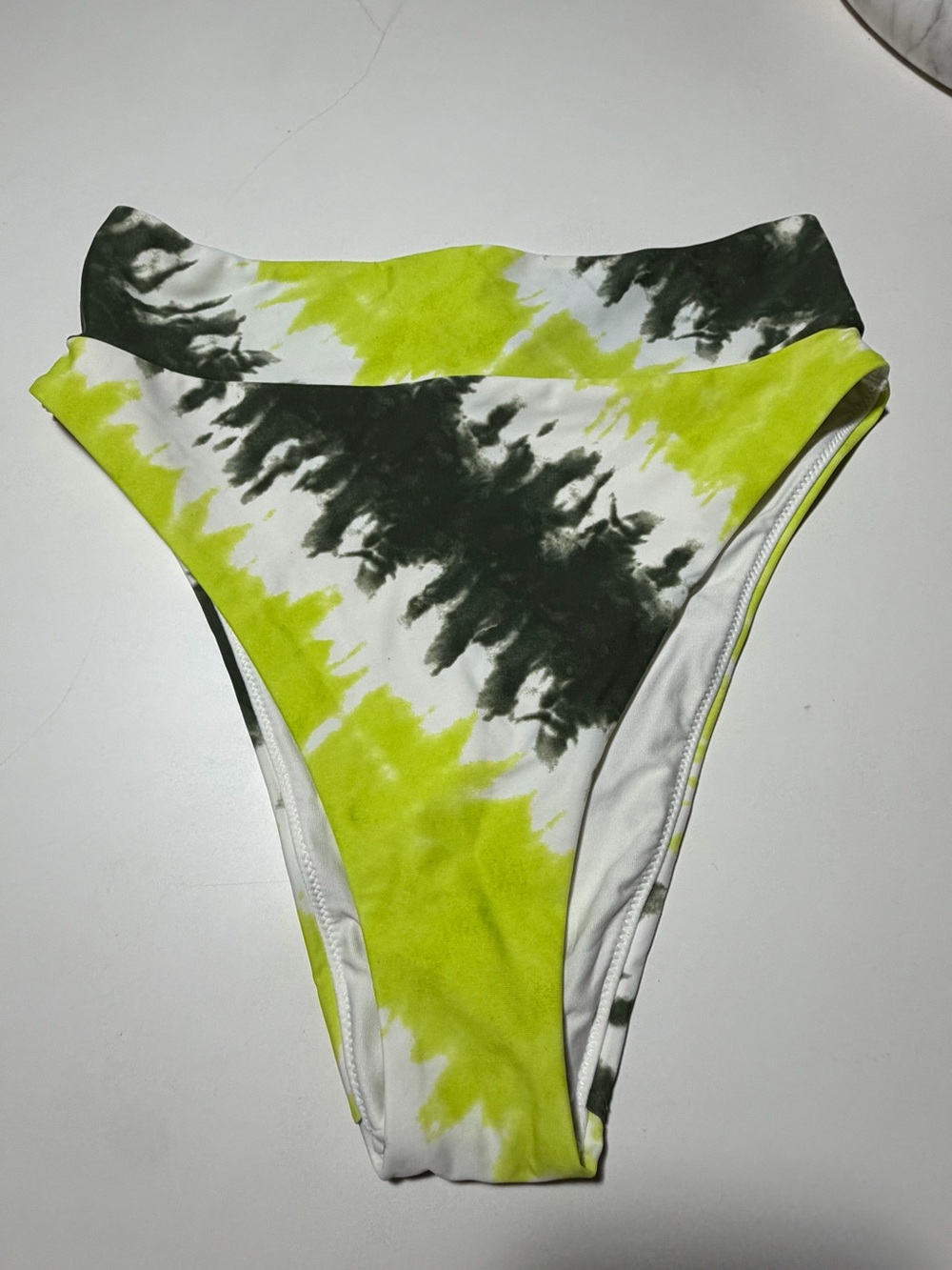 Aerie High Waisted High Cut Cheeky Neon Yellow Black Tie Dye Bikini Bottom - Lg